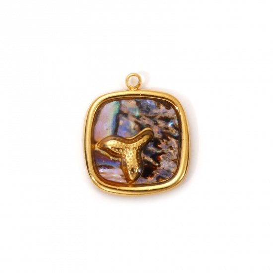 1 Piece Eco-friendly PVD Vacuum Plating 304 Stainless Steel & Natural Shell Charms 18K Real Gold Plated Multicolor Square Fishtail 18mm x 16mm の画像