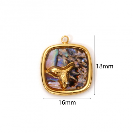 1 Piece Eco-friendly PVD Vacuum Plating 304 Stainless Steel & Natural Shell Charms 18K Real Gold Plated Multicolor Square Fishtail 18mm x 16mm の画像