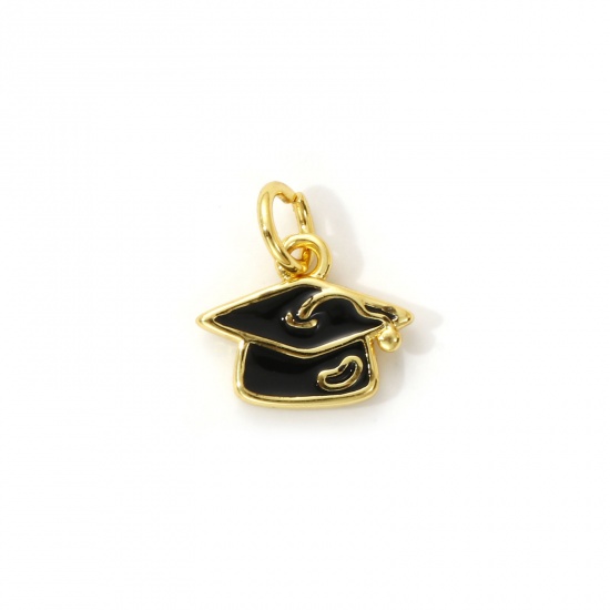 Imagen de 2 Unidades Latón Joyería de la Universidad Colgantes Chapado en Oro de 18K Negro Esmalte Sombrero Doctoral 13mm x 11mm