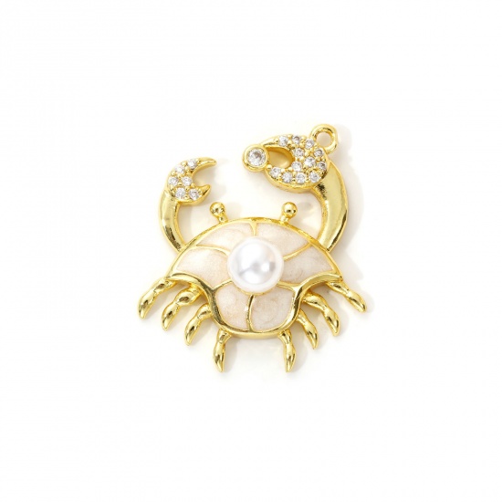 Immagine di 1 Pz Ottone Gioielli Oceanici Ciondoli Placcato Oro 18K Bianco Sporco Smalto Granchio Perla Imitato Acrilico Trasparente Cubic Zirconiae 27mm x 24mm
