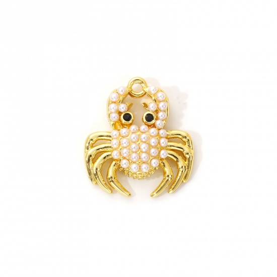 Immagine di 2 Pz Ottone Gioielli Oceanici Ciondoli Placcato Oro 18K Bianco Granchio Perla Imitato Acrilico Nero Cubic Zirconiae 19mm x 17.5mm