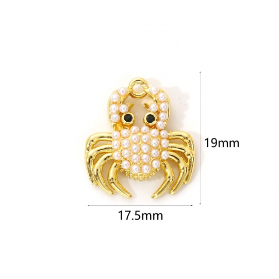 Immagine di 2 Pz Ottone Gioielli Oceanici Ciondoli Placcato Oro 18K Bianco Granchio Perla Imitato Acrilico Nero Cubic Zirconiae 19mm x 17.5mm