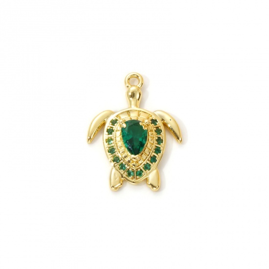 Immagine di 2 Pz Ottone Gioielli Oceanici Ciondoli Placcato Oro 18K Tartaruga Micro Spianare Verde Cubic Zirconiae 19mm x 14mm