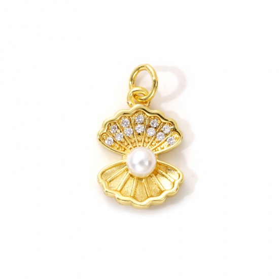 Immagine di 2 Pz Ottone Ciondoli Placcato Oro 18K Bianco Conchiglia Perla Imitato Acrilico Trasparente Cubic Zirconiae 19mm x 11mm