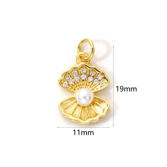 Immagine di 2 Pz Ottone Ciondoli Placcato Oro 18K Bianco Conchiglia Perla Imitato Acrilico Trasparente Cubic Zirconiae 19mm x 11mm