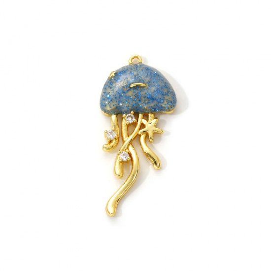 Imagen de 1 Unidad Latón Joyería del océano Colgantes Chapado en Oro de 18K Azul Esmalte Medusa Brillo Claro Circón Artificial 3.6cm x 1.6cm