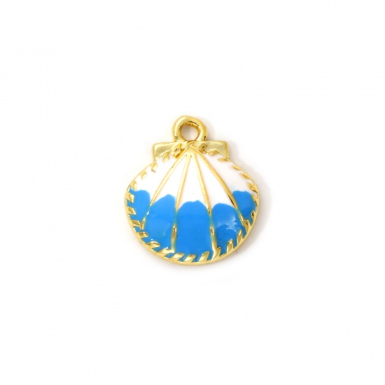 Imagen de 1 Unidad Latón Colgantes Chapado en Oro de 18K Blanco & Azul Esmalte Concha 13mm x 12mm