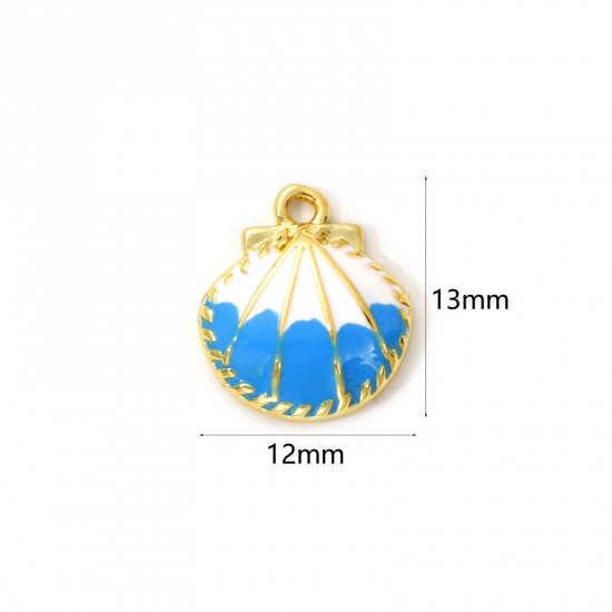 Imagen de 1 Unidad Latón Colgantes Chapado en Oro de 18K Blanco & Azul Esmalte Concha 13mm x 12mm