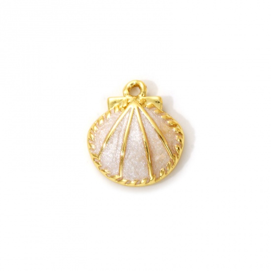 Imagen de 1 Unidad Latón Colgantes Chapado en Oro de 18K Blanco Crema Esmalte Concha Perlado 13mm x 12mm