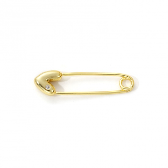 Picture of 1 Piece Brass Valentine's Day Pendants 18K Gold Plated Pin Heart 3D Clear Cubic Zirconia 3.9cm x 1cm