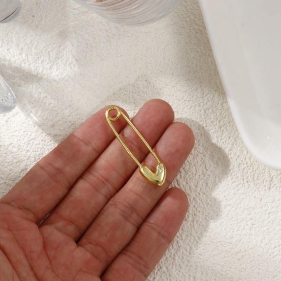 Picture of 1 Piece Brass Valentine's Day Pendants 18K Gold Plated Pin Heart 3D Clear Cubic Zirconia 3.9cm x 1cm