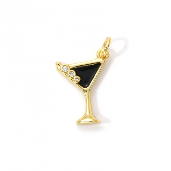 Immagine di 2 Pz Ottone Ciondoli Placcato Oro 18K Nero Smalto Bicchiere da vino Micro Spianare Trasparente Cubic Zirconiae 20mm x 13mm