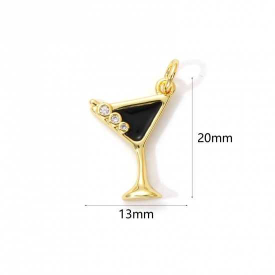 Immagine di 2 Pz Ottone Ciondoli Placcato Oro 18K Nero Smalto Bicchiere da vino Micro Spianare Trasparente Cubic Zirconiae 20mm x 13mm
