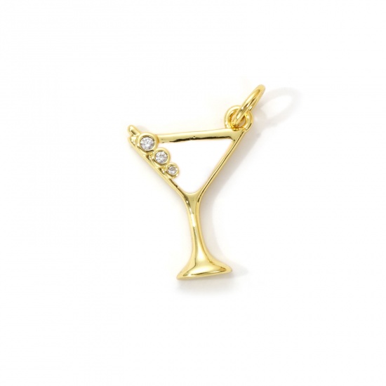 Immagine di 2 Pz Ottone Ciondoli Placcato Oro 18K Bianco Smalto Bicchiere da vino Micro Spianare Trasparente Cubic Zirconiae 20mm x 13mm