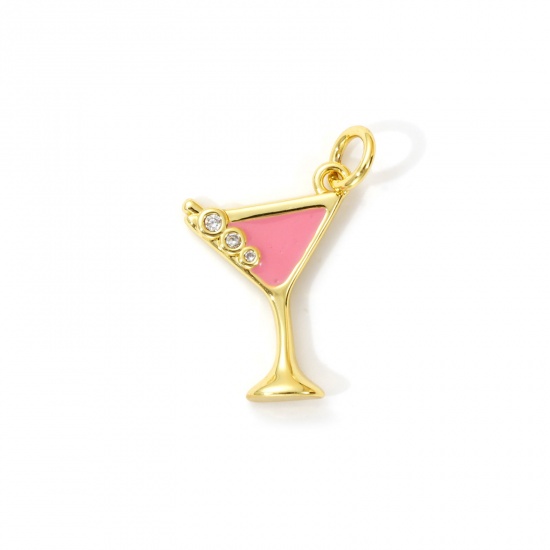 Immagine di 2 Pz Ottone Ciondoli Placcato Oro 18K Rosa Smalto Bicchiere da vino Micro Spianare Trasparente Cubic Zirconiae 20mm x 13mm