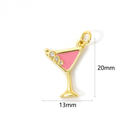 Immagine di 2 Pz Ottone Ciondoli Placcato Oro 18K Rosa Smalto Bicchiere da vino Micro Spianare Trasparente Cubic Zirconiae 20mm x 13mm