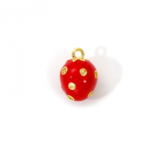 Immagine di 2 Pz Ottone Ciondoli Placcato Oro 18K Rosso Smalto Fragola Mini 10mm x 7mm