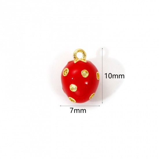 Immagine di 2 Pz Ottone Ciondoli Placcato Oro 18K Rosso Smalto Fragola Mini 10mm x 7mm