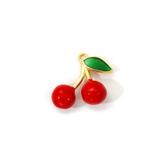 Immagine di 2 Pz Ottone Ciondoli Placcato Oro 18K Rosso Smalto Ciliegia 3D 19mm x 17mm