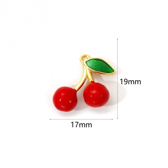 Immagine di 2 Pz Ottone Ciondoli Placcato Oro 18K Rosso Smalto Ciliegia 3D 19mm x 17mm