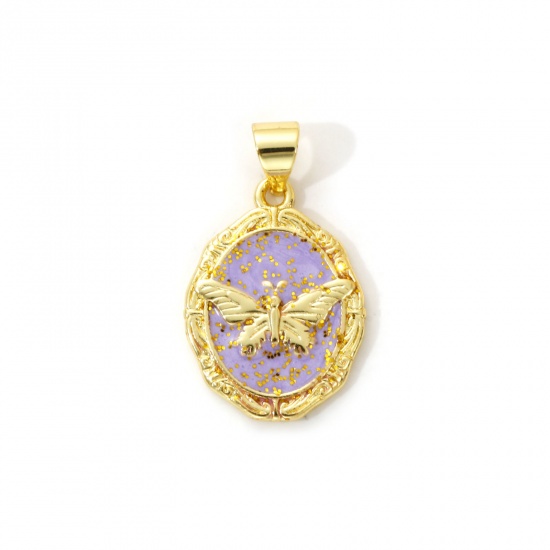 Imagen de 2 Unidades Latón Insecto Colgantes Charms Chapado en Oro de 18K Púrpura Esmalte Óvalo Mariposa Brillo 23mm x 14mm