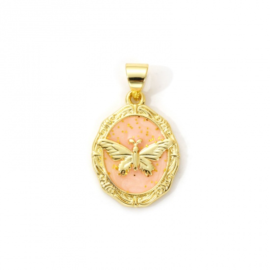 Imagen de 2 Unidades Latón Insecto Colgantes Charms Chapado en Oro de 18K Naranja Rosa Esmalte Óvalo Mariposa Brillo 23mm x 14mm