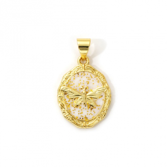 Imagen de 2 Unidades Latón Insecto Colgantes Charms Chapado en Oro de 18K Blanco Esmalte Óvalo Mariposa Brillo 23mm x 14mm