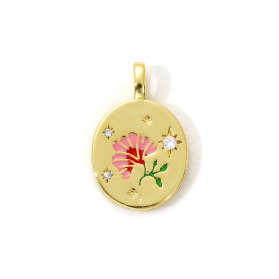 Imagen de 2 Unidades Latón Colgantes Chapado en Oro de 18K Multicolor Esmalte Ronda Flor Micro Pave Claro Circón Artificial 21mm x 13.5mm