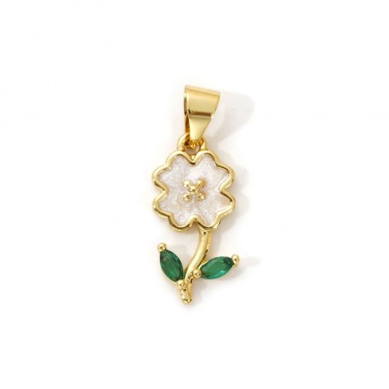 Imagen de 2 Unidades Latón Colgantes Charms Chapado en Oro de 18K Blanco Esmalte Flor Perlado Verde Circón Artificial 22mm x 8.5mm