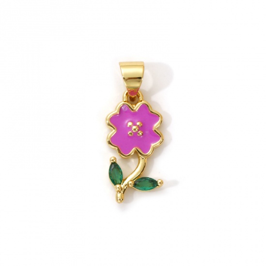 Imagen de 2 Unidades Latón Colgantes Charms Chapado en Oro de 18K Púrpura Esmalte Flor Perlado Verde Circón Artificial 22mm x 8.5mm