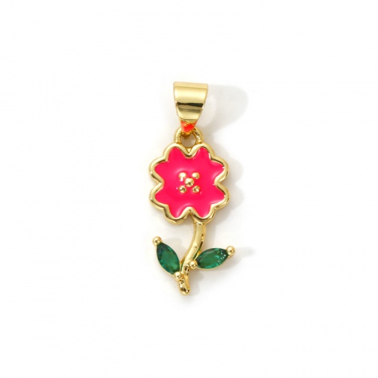 Imagen de 2 Unidades Latón Colgantes Charms Chapado en Oro de 18K Rosa Intenso Esmalte Flor Perlado Verde Circón Artificial 22mm x 8.5mm