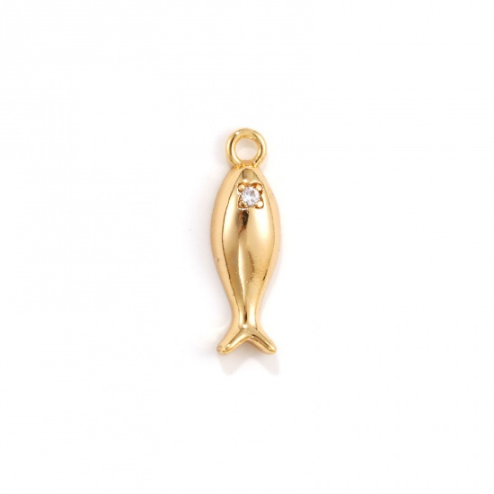 Изображение 2 PCs Eco-friendly Brass Ocean Jewelry Charms 18K Real Gold Plated Fish Animal Clear Cubic Zirconia 16mm x 5mm