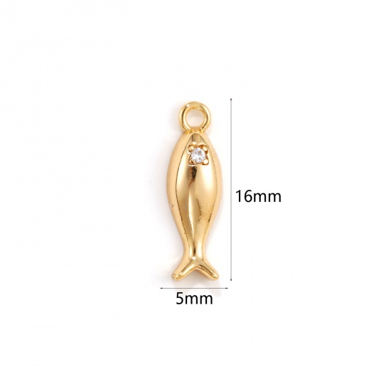 Изображение 2 PCs Eco-friendly Brass Ocean Jewelry Charms 18K Real Gold Plated Fish Animal Clear Cubic Zirconia 16mm x 5mm