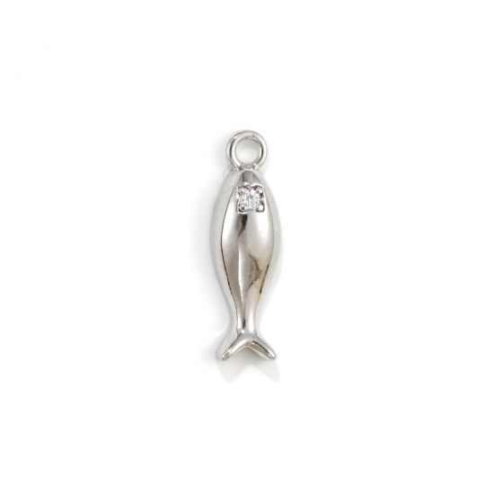 Изображение 2 PCs Eco-friendly Brass Ocean Jewelry Charms Real Platinum Plated Fish Animal Clear Cubic Zirconia 16mm x 5mm