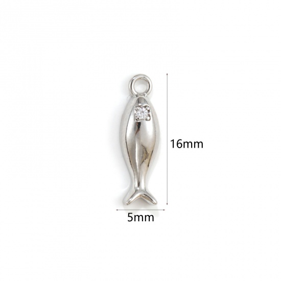 Изображение 2 PCs Eco-friendly Brass Ocean Jewelry Charms Real Platinum Plated Fish Animal Clear Cubic Zirconia 16mm x 5mm