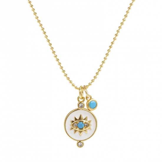 Изображение 18K Real Gold Plated Ball Chain Round Pendant Charm Necklace, Brass 45cm(17.7") + 5cm(2"), For Women, Clear Cubic Zirconia Eye of Providence/ All-seeing Eye White Enamel Retro Religious Gift, Eco-friendly, 1 Piece