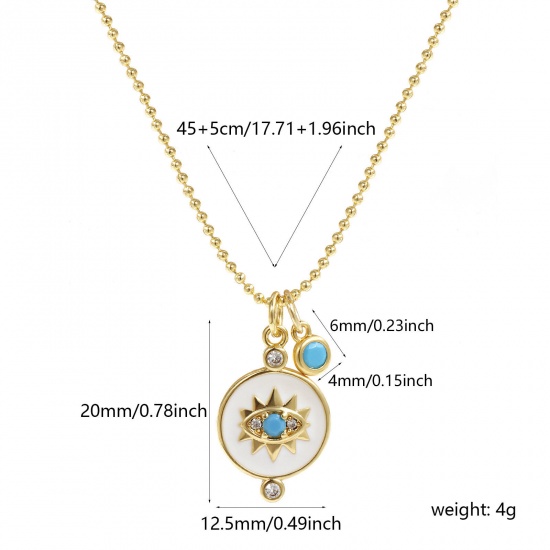 Изображение 18K Real Gold Plated Ball Chain Round Pendant Charm Necklace, Brass 45cm(17.7") + 5cm(2"), For Women, Clear Cubic Zirconia Eye of Providence/ All-seeing Eye White Enamel Retro Religious Gift, Eco-friendly, 1 Piece