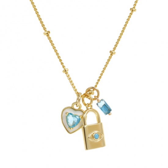 Изображение 18K Real Gold Plated Curb Link Chain Heart Pendant Charm Necklace, Brass 45cm(17.7") + 5cm(2"), For Women, Blue Cubic Zirconia Lock Enamel Retro Valentine's Day Gift, Eco-friendly, 1 Piece