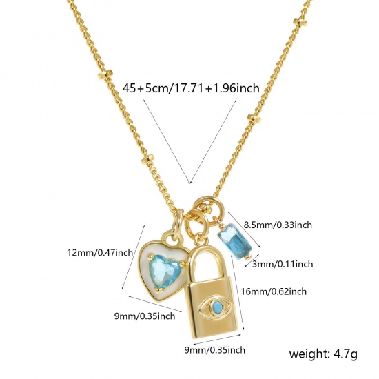 Изображение 18K Real Gold Plated Curb Link Chain Heart Pendant Charm Necklace, Brass 45cm(17.7") + 5cm(2"), For Women, Blue Cubic Zirconia Lock Enamel Retro Valentine's Day Gift, Eco-friendly, 1 Piece