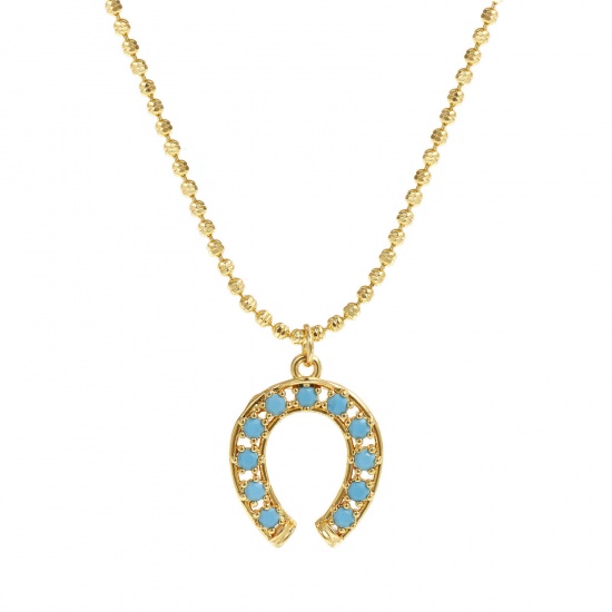 Изображение 18K Real Gold Plated Ball Chain Luck Horseshoe Pendant Charm Necklace, Brass 45cm(17.7") + 5cm(2"), For Women, Blue Cubic Zirconia Retro West Cowboy Gift, Eco-friendly, 1 Piece