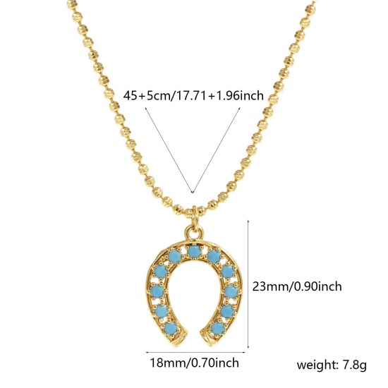 Изображение 18K Real Gold Plated Ball Chain Luck Horseshoe Pendant Charm Necklace, Brass 45cm(17.7") + 5cm(2"), For Women, Blue Cubic Zirconia Retro West Cowboy Gift, Eco-friendly, 1 Piece