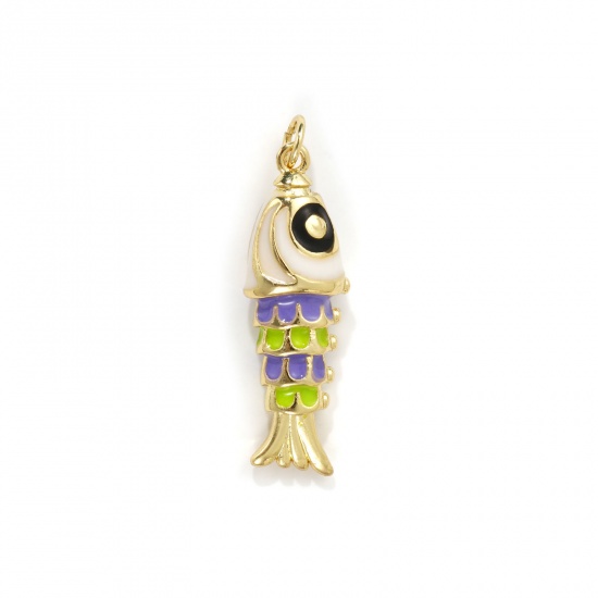 Imagen de 1 Piece Eco-friendly Brass Ocean Jewelry Pendants 18K Real Gold Plated Multicolor Enamel Fish Animal 3D 3.3cm x 1cm