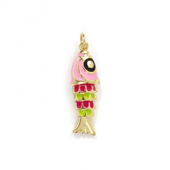 Imagen de 1 Piece Eco-friendly Brass Ocean Jewelry Pendants 18K Real Gold Plated Multicolor Enamel Fish Animal 3D 3.3cm x 1cm