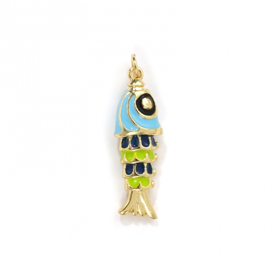 Imagen de 1 Piece Eco-friendly Brass Ocean Jewelry Pendants 18K Real Gold Plated Multicolor Enamel Fish Animal 3D 3.3cm x 1cm