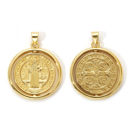 Bild von 1 Piece Eco-friendly Brass Religious Pendants 18K Real Gold Plated Round Disc St. Benedict Medal Rotatable 3.2cm x 2.5cm