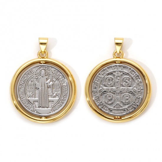 Bild von 1 Piece Eco-friendly Brass Religious Pendants 18K Real Gold Plated & Real Platinum Plated Two Tone Round Disc St. Benedict Medal Rotatable 3.2cm x 2.5cm