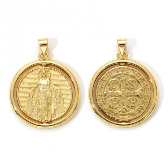 Bild von 1 Piece Eco-friendly Brass Religious Pendants 18K Real Gold Plated Virgin Mary St. Benedict Medal Rotatable 3.2cm x 2.5cm