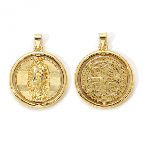 Bild von 1 Piece Eco-friendly Brass Religious Pendants 18K Real Gold Plated Virgin Mary St. Benedict Medal Rotatable 3.2cm x 2.5cm
