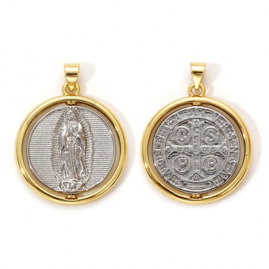 Bild von 1 Piece Eco-friendly Brass Religious Pendants 18K Real Gold Plated & Real Platinum Plated Two Tone Virgin Mary St. Benedict Medal Rotatable 3.2cm x 2.5cm