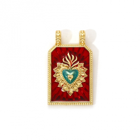 Image de 1 Piece Eco-friendly Brass Religious Charms 18K Real Gold Plated Red Enamel Hexagon Ex Voto Heart 29mm x 17.5mm